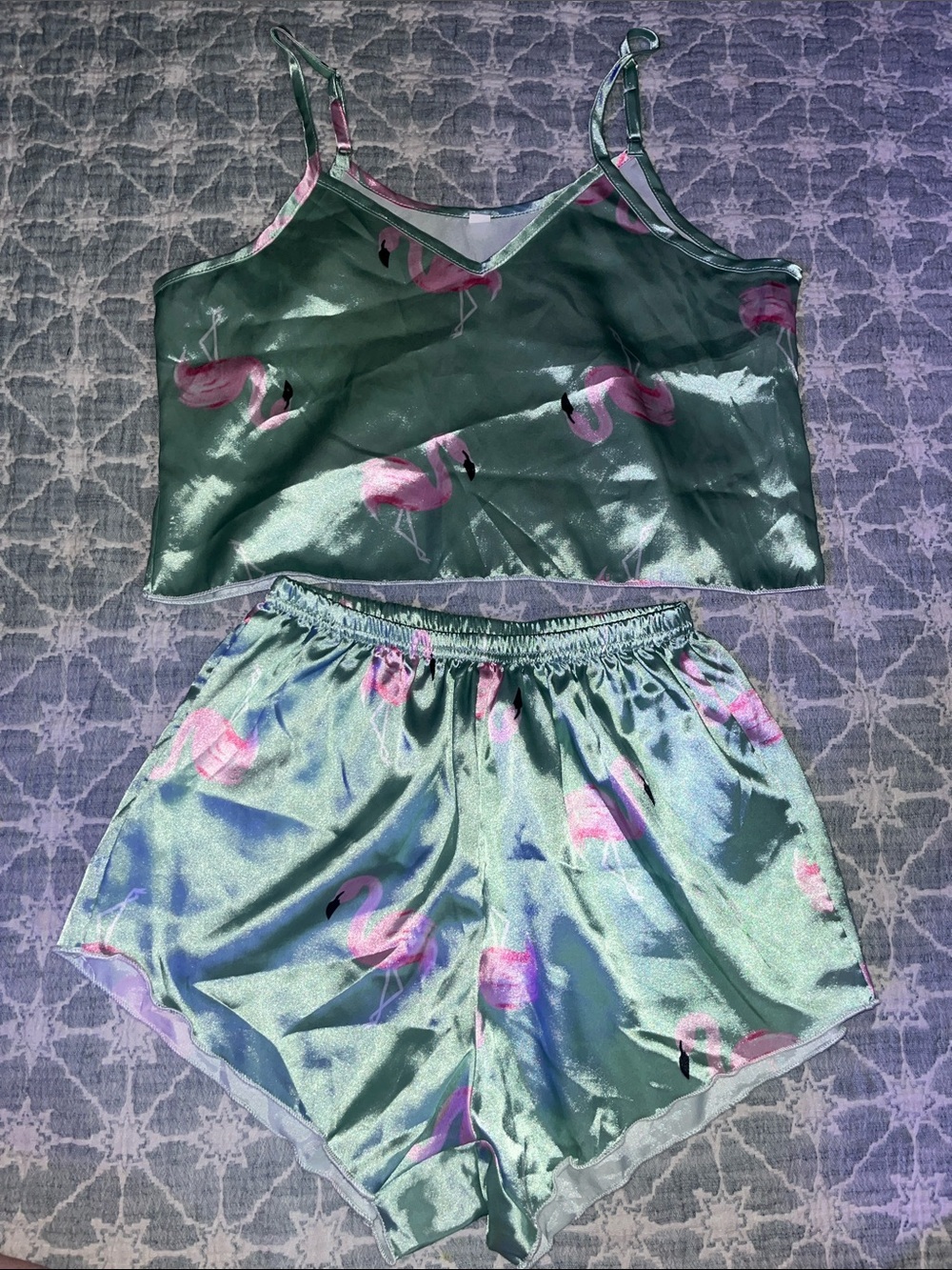 Green Satin Flamingo Cami & Shorts Sleep Set